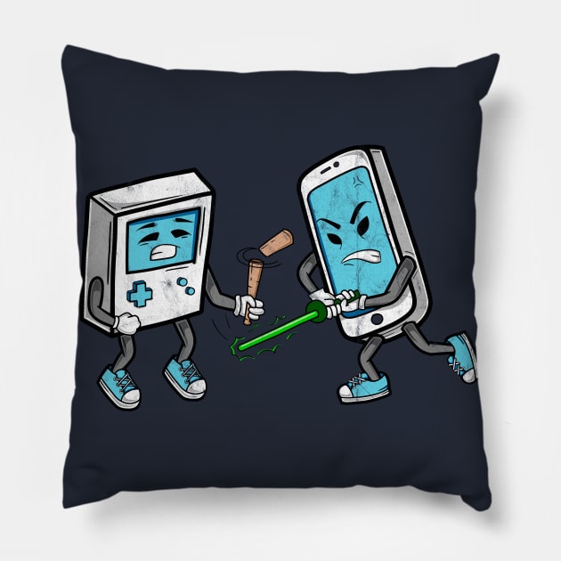 Gadget fight -  smartphone vs vintage game Pillow by OutfittersAve