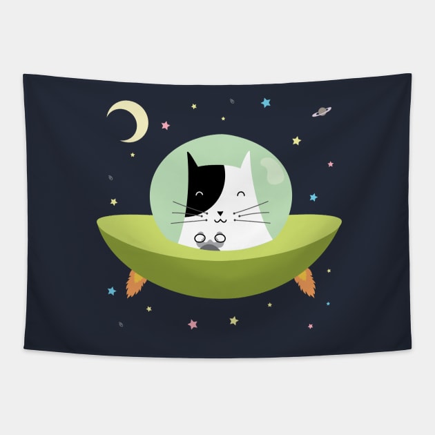 Space Cat - The Astronaut Kitten inside an UFO Tapestry by loltshirts