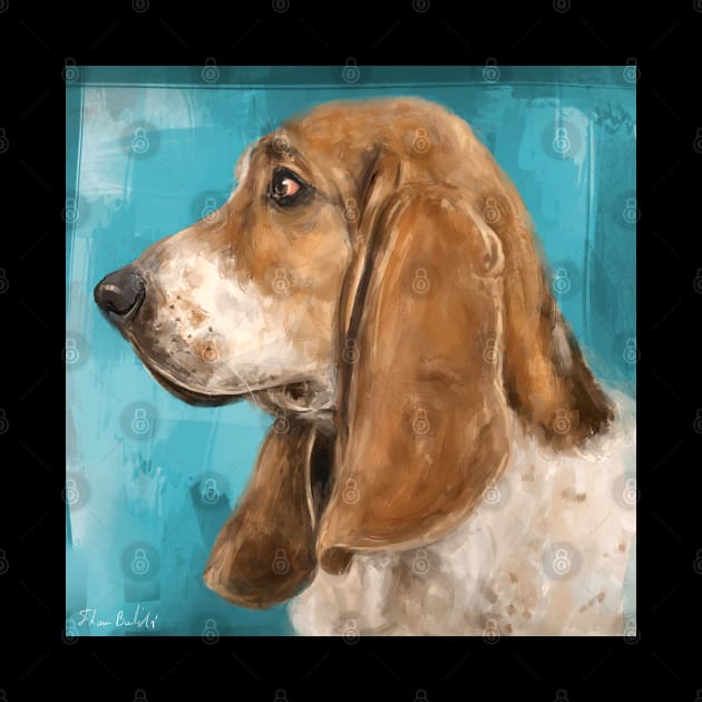 Painting of a Basset Hound Dog From The Side on Blue Background by ibadishi