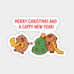 Cute capybaras decorating a christmas tree, getting ready for holidays Magnet