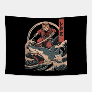 Cat Riding Shark Marine Odyssey Tapestry