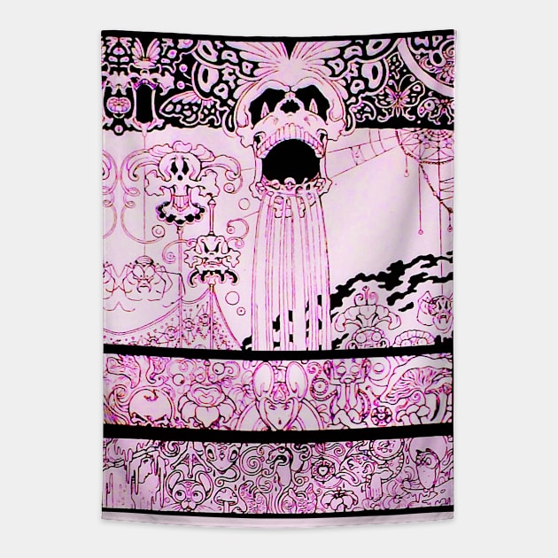 PINK BLACK PSYCHEDELIC SKULL, BUTTERFLIES,OWLS AND FANTASTIC CREATURES Fantasy Tapestry by BulganLumini