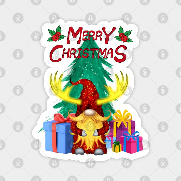 Christmas Present T-Shirt, Christmas Gnome with Christmas Tree and Christmas Presents Magnet by MagicTrick