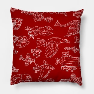 cute red pattern with spaceships and birds. Pillow