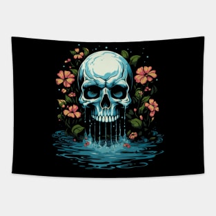 Flowers and waterfall - tattoo art skull Tapestry