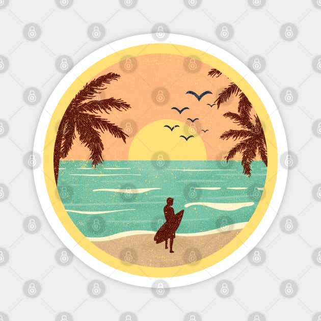 Retro Beach Scene at Sunset with Surfer Magnet by printabelle