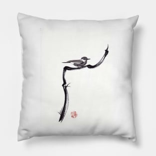 LITTLE FRIEND - Sumie ink brush pen painting of a bird Pillow