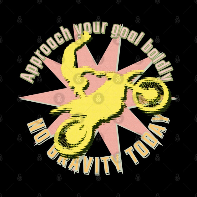 Approach your goal boldly. No gravity today. Yellow motorcyclist in jump position on a motocross bike against a light pink star background by PopArtyParty