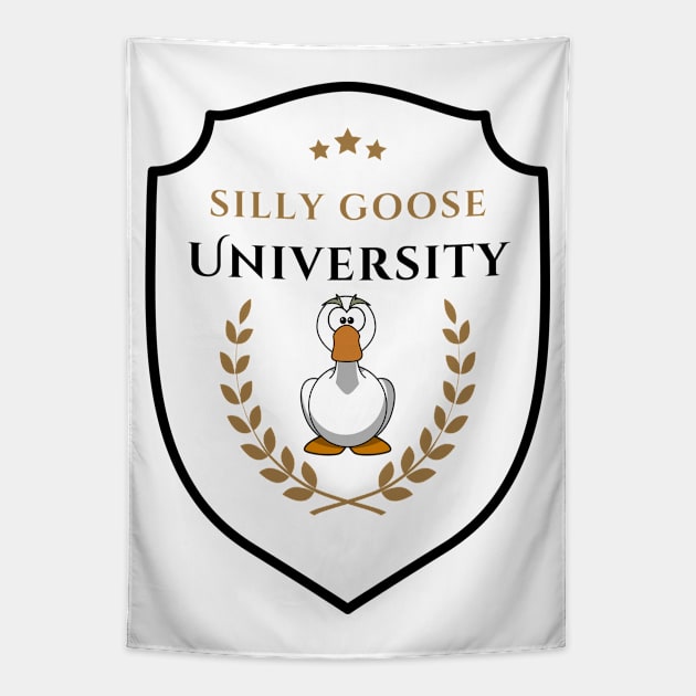 Silly Goose University - Angry Cartoon Goose Emblem With Golden Details Tapestry by Double E Design