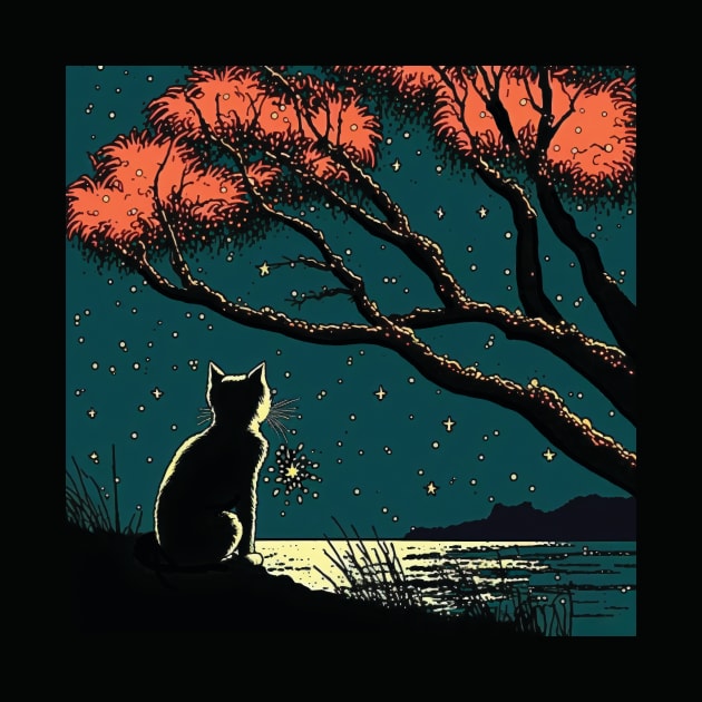 Black Cat Sitting by a Lake on a Starry Night by Geminiartstudio