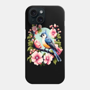 Cute Tufted Titmouse Surrounded by Vibrant Spring Flowers Phone Case
