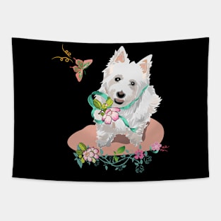 Western highland terrier dog with flowers butterflies Tapestry