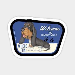 Funny Basset Hound posing on Bassetville, USA sign Magnet