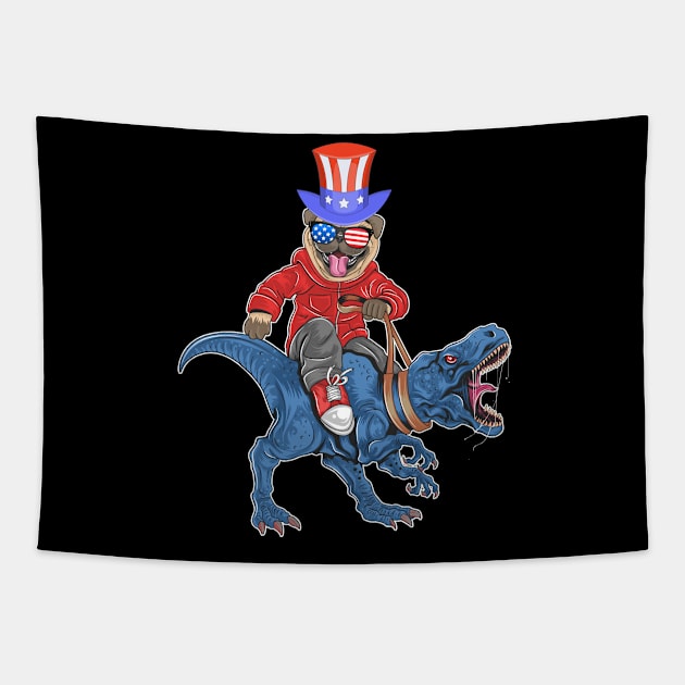 Pug dog puppy cute riding t rex dinosaur 4th of july Gift funny Tapestry by madani04