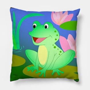 bright cheerful frog on a pond with lilies Pillow