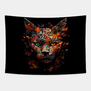 Cat Autumn Leaves Art - Colourful Eyes Cat Motif Tapestry