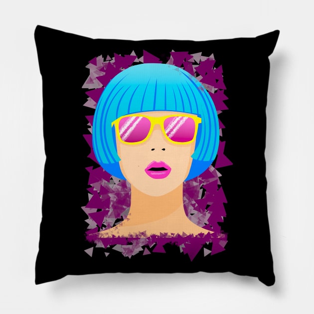 Girl with blue hair and pink sunglasses Pillow by Kuchinska design