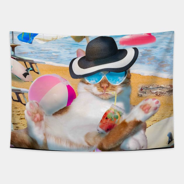 Beach Kitty Cat Wearing Sunglasses Drinking Tapestry by Random Galaxy