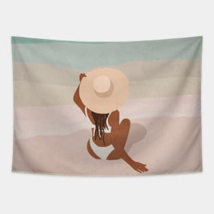 Girl in hat on the beach Tapestry