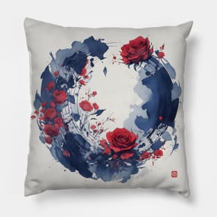 Red Roses and Paint Japanese Ink Painting Pillow