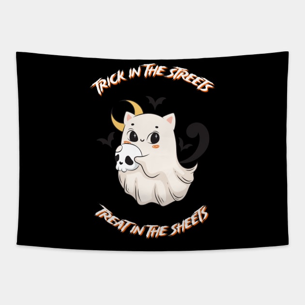 Cat Ghost Print: Cute Halloween Kitty in a Sheet | Spooky Halloween Decor for Cat Lovers Tapestry by New Otaku 64