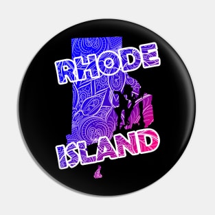 Colorful mandala art map of Rhode Island with text in blue and violet Pin