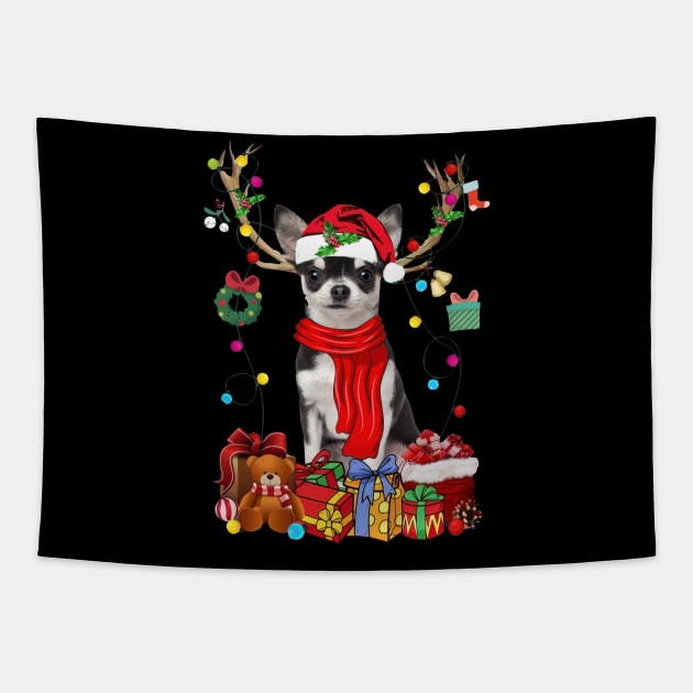 Black Chihuahua Reindeer Santa Christmas Color Lights Tapestry by cogemma.art