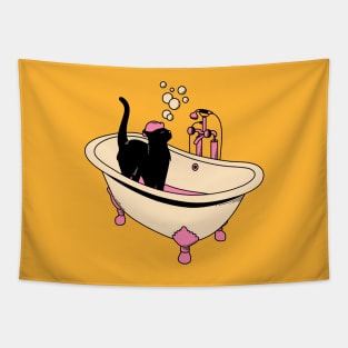 Spa Day Black Cat in yellow Tapestry