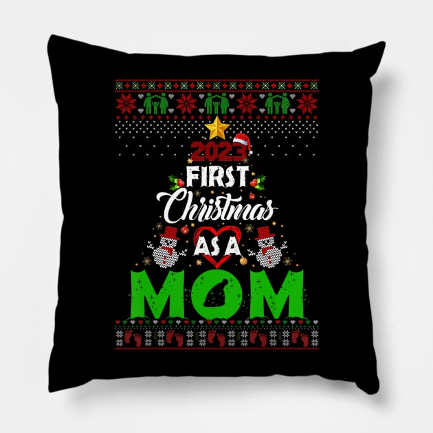 Pregnancy Baby 2023 First Christmas As A Mom Ugly Sweater Pillow by Mitsue Kersting