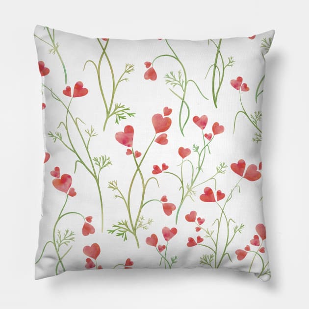 Hearts flowers cute watercolor print.  Pink and green romantic valentine pattern. Small spring flowers fantasy composition Pillow by likapix