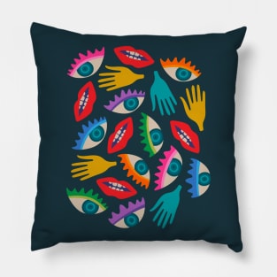 DISEMBODIED Surrealism Eyes Mouth Lips Hands in Rainbow Brights - UnBlink Studio by Jackie Tahara Pillow