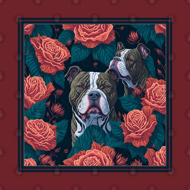 Dogs, pit bull and roses, dog, seamless print, style vector (red roses grey pit) by xlhombat