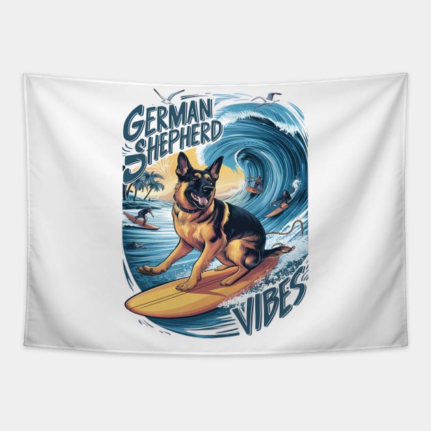 Wave Rider: A German Shepherd Surfing Tapestry by coollooks