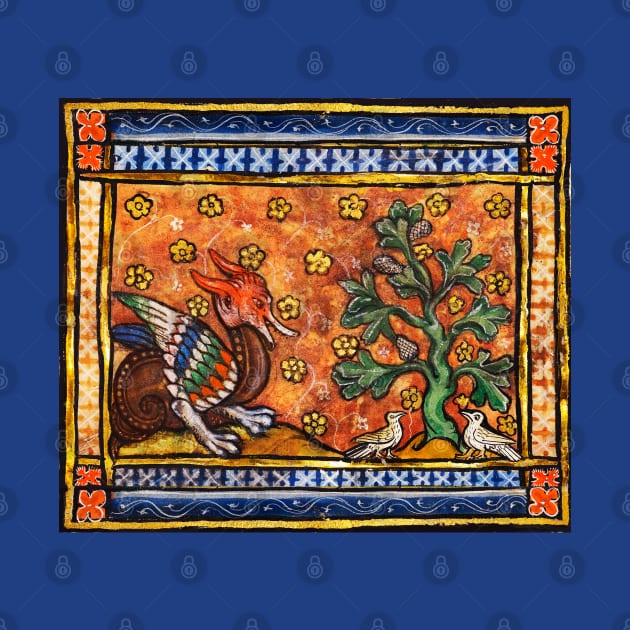 MEDIEVAL BESTIARY,DRAGON,TREE OF LIFE AND BIRDS ,Gold Blue Orange  Floral by BulganLumini