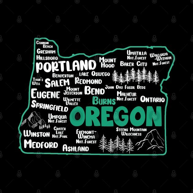 Cute map of Burns Oregon, Portland, Salem, Eugene, Springfield, Bend, Ontario, Medford by BoogieCreates