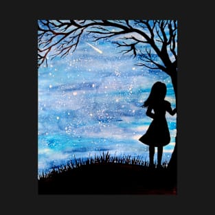 Girl silhouette stargazing watercolor sky T-Shirt