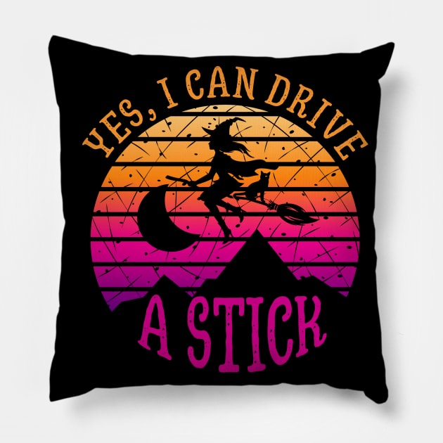 Why Yes, I can Drive A Stick witch and cat Pillow by Myartstor 