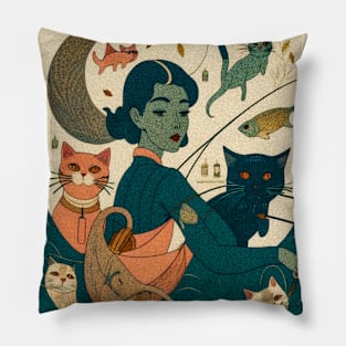 Vintage Art: Portrait of Girl Fishing with her cats Pillow