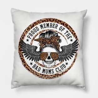 Bad moms club leopard print skull messy bun Pillow