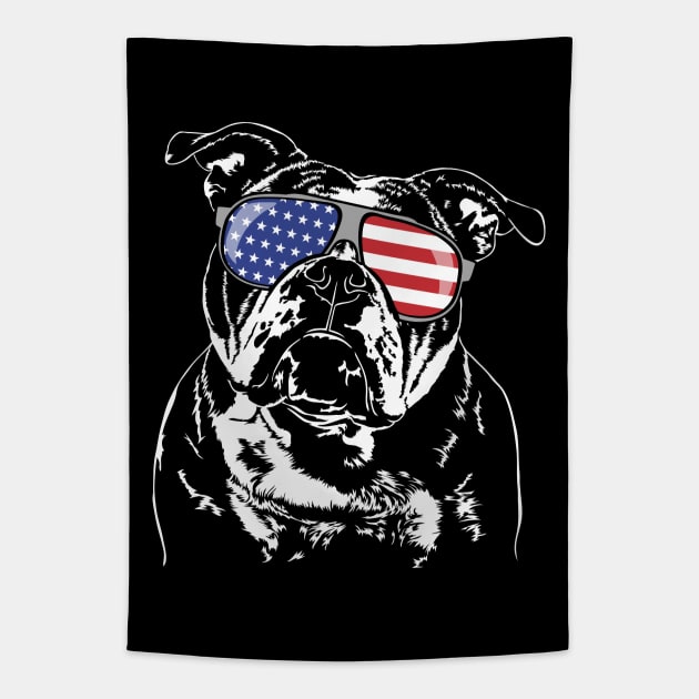 Funny Proud Old English Bulldog American Flag sunglasses dog Tapestry by wilsigns