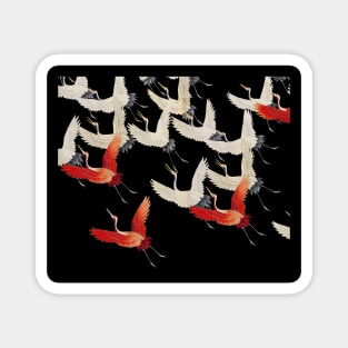 FLYING RED WHITE CRANES IN BLACK Japanese Pattern Magnet