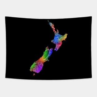 Colorful mandala art map of New Zealand with text in multicolor pattern Tapestry