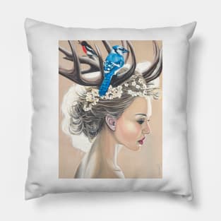 Surreal painting of woman poised in reflection of choice Pillow