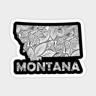 Mandala art map of Montana with text in white Magnet