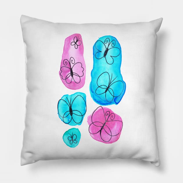 Watercolor Pink and Blue Butterflies Pillow by saradaboru