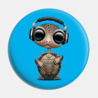 Cute Baby Turtle Deejay Wearing Headphones Pin