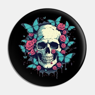 Skull with Buttlerflies and Roses Pin