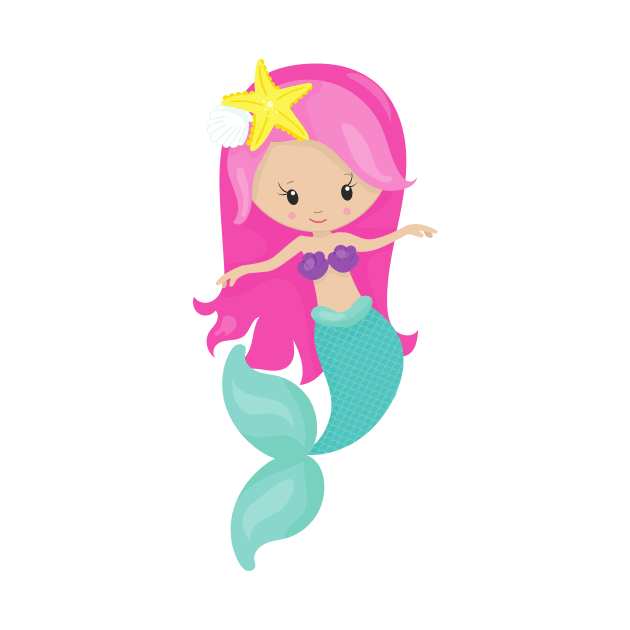 Cute Mermaid, Little Mermaid, Pink Hair, Starfish by Jelena Dunčević