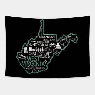 Cute map of West Virginia Charleston Lewisburg Huntington Morgantown Buckhannon Tapestry