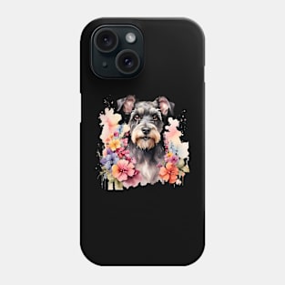 A schnauzer dog decorated with beautiful watercolor flowers Phone Case